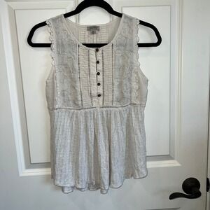 Lucky Brand‎ Embroidered Lace Linen Blend Boho Tank Top Neutral Size XS